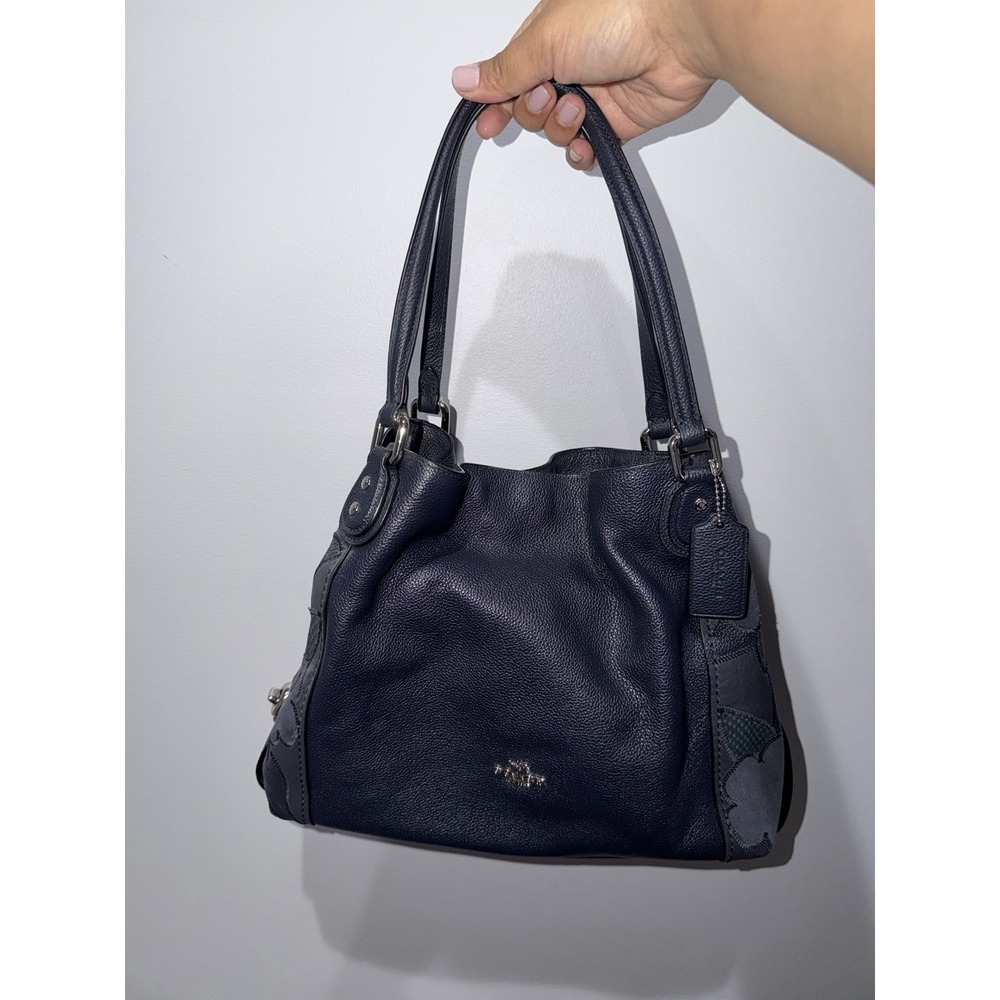 COACH Handbag Leather NVY Floral L1792 24966 Blue Flower Patchwork On Sides S